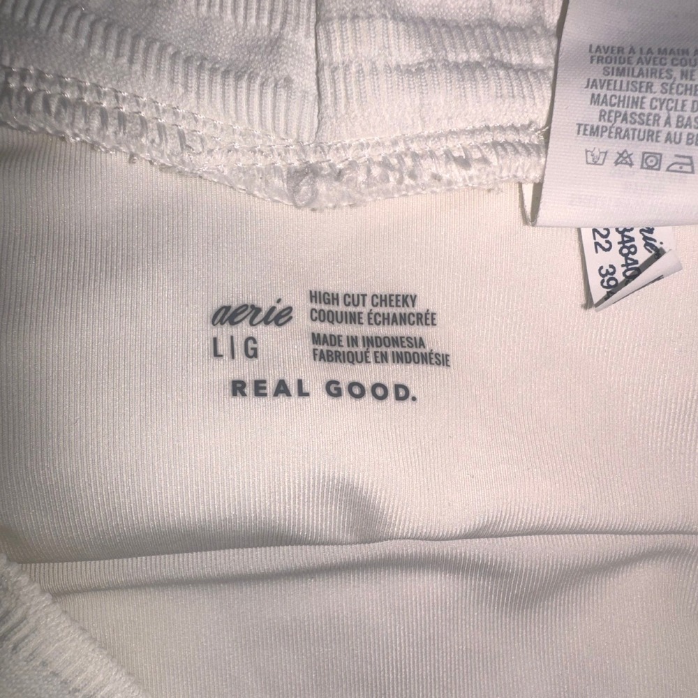Aerie Real Good High Cut Cheeky Bikini Bottom White Textured High Waist Large - Picture 3 of 3